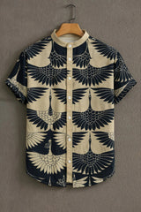 Men’s Navy Blue Casual Shirt with Crane Half Sleeves Print
