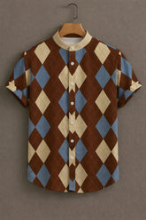 Menβs Brown & Cream Diamond Print Casual Half Sleeves Shirt