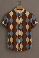 Men’s Brown & Cream Diamond Print Casual Half Sleeves Shirt