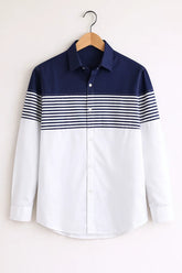 Men’s Navy Blue & White Striped Cotton Casual Shirt