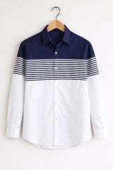 Men’s Navy Blue & White Striped Cotton Casual Shirt