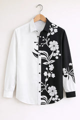 Men’s Black & White Floral Panel Printed Colorblock Casual Shirt