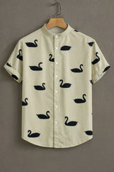 Cream Swan Pattern Casual Mens Shirt