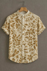 Cream Flower Pattern Casual Mens Half Sleeves Shirt