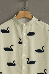 Cream Swan Pattern Casual Mens Half Sleeves Shirt