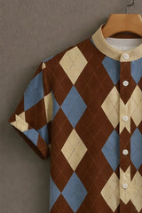Men’s Brown & Cream Diamond Print Casual Half Sleeves Shirt