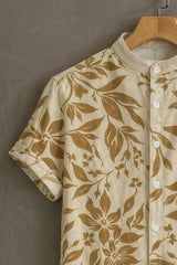 Cream Flower Pattern Casual Mens Half Sleeves Shirt