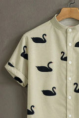 Cream Swan Pattern Casual Mens Half Sleeves Shirt