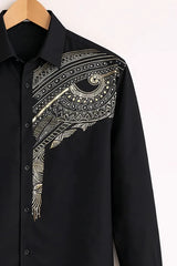 Men’s Black Gold Ornamental Embroidered Party Wear Shirt
