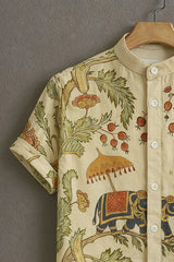 Men's Cream Casual-Festive Half Sleeves Shirt with Royal Elephant Print