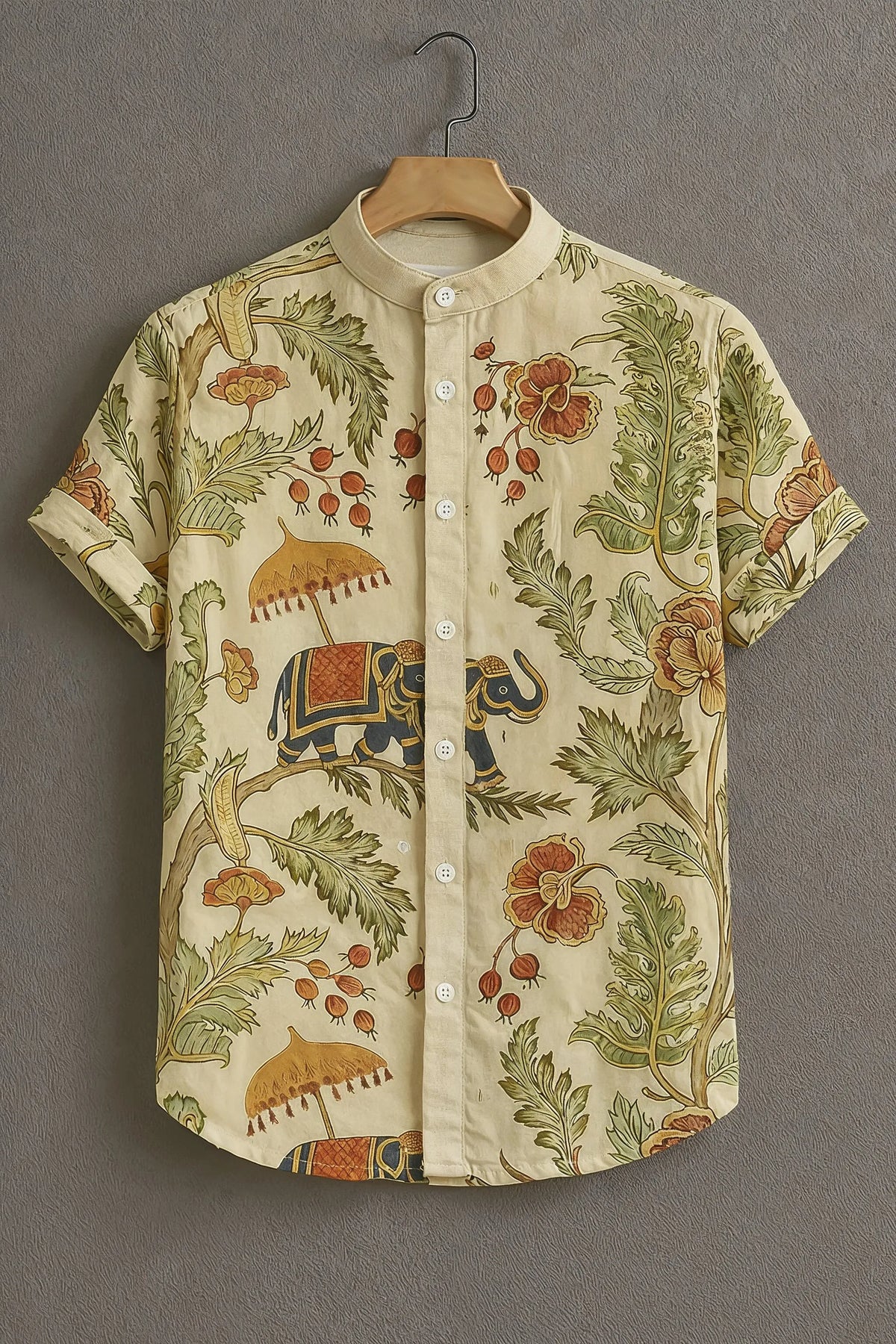 Men's Cream Casual-Festive Half Sleeves Shirt with Royal Elephant Print
