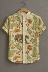Men's Cream Casual-Festive Half Sleeves Shirt with Royal Elephant Print