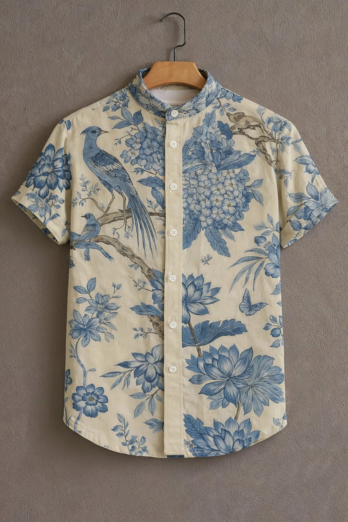 Lotus Bird Pattern Casual Mens Half Sleeves Shirt