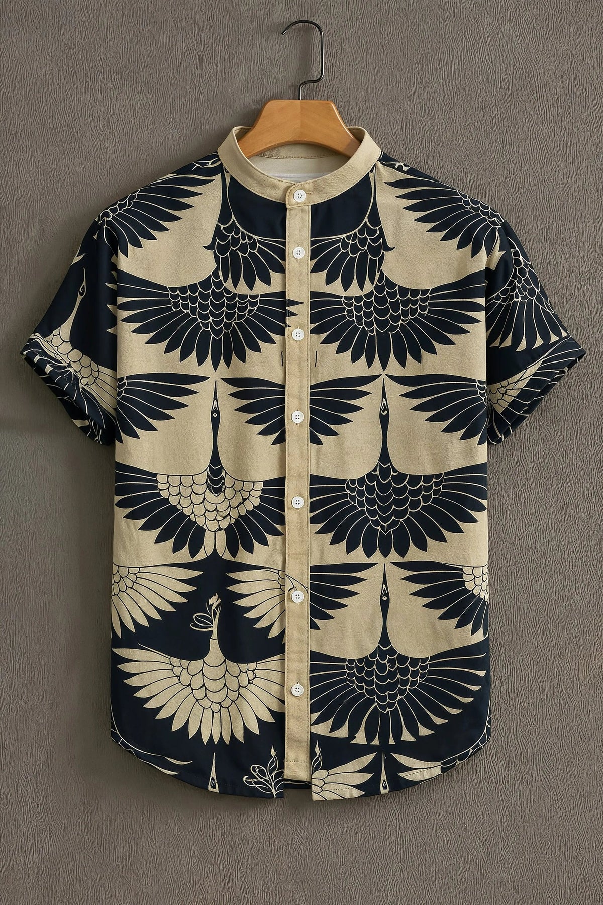 Men’s Navy Blue Casual Shirt with Crane Half Sleeves Print