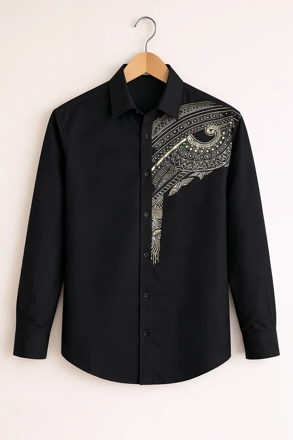 Men’s Black Gold Ornamental Embroidered Party Wear Shirt