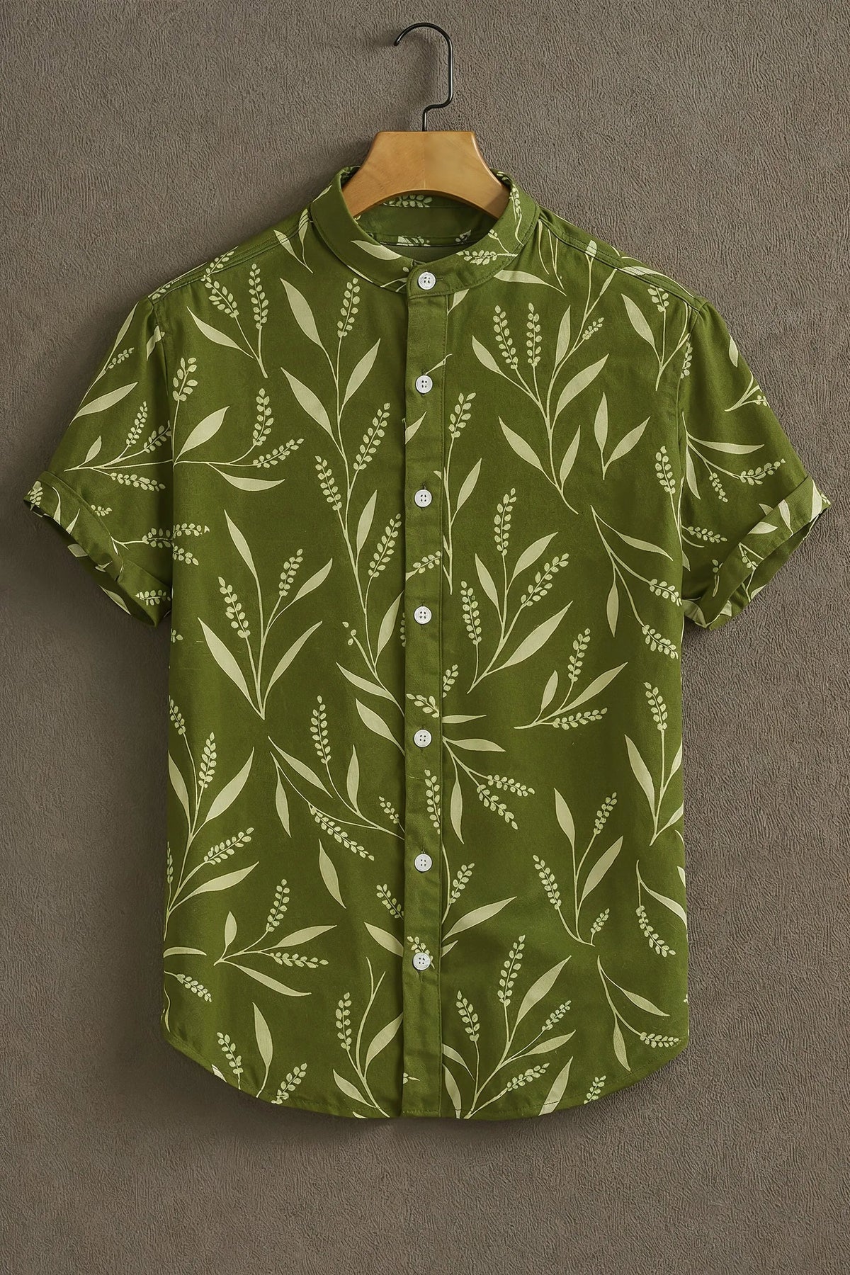 Green Leaves Pattern Casual Mens Shirt