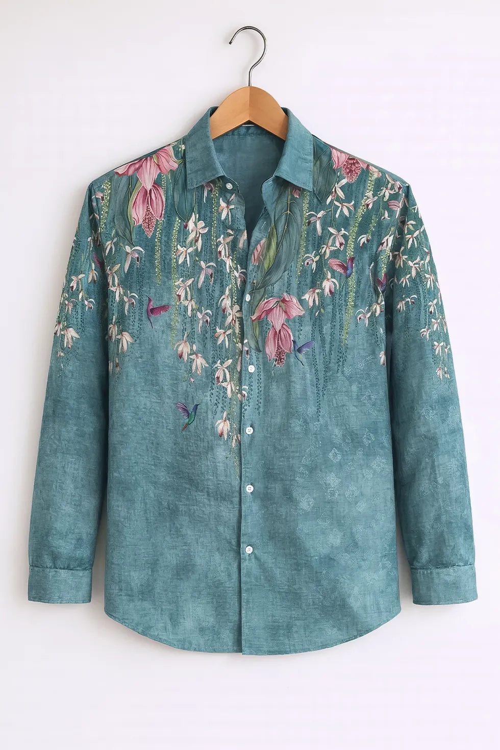 Men’s Teal Nature Inspired Printed Full Sleeve Shirt
