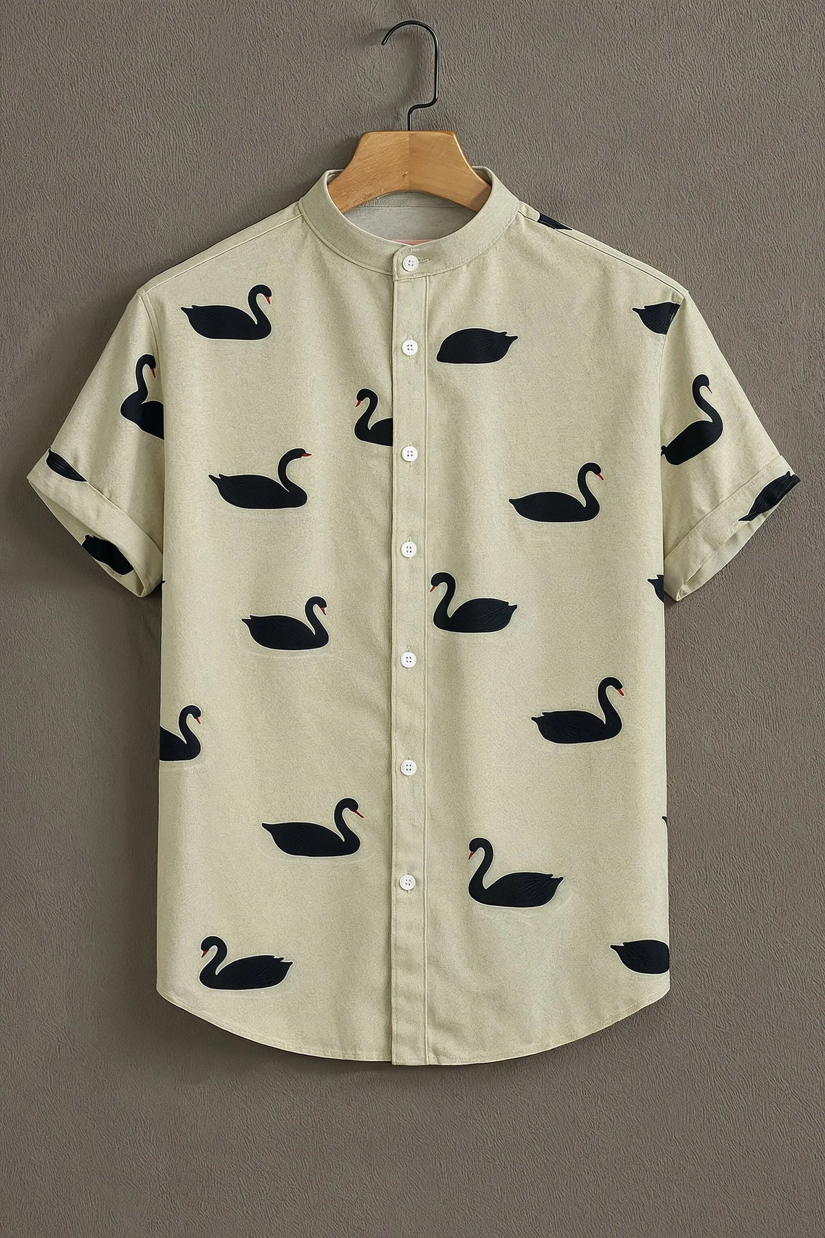 Cream Swan Pattern Casual Mens Half Sleeves Shirt