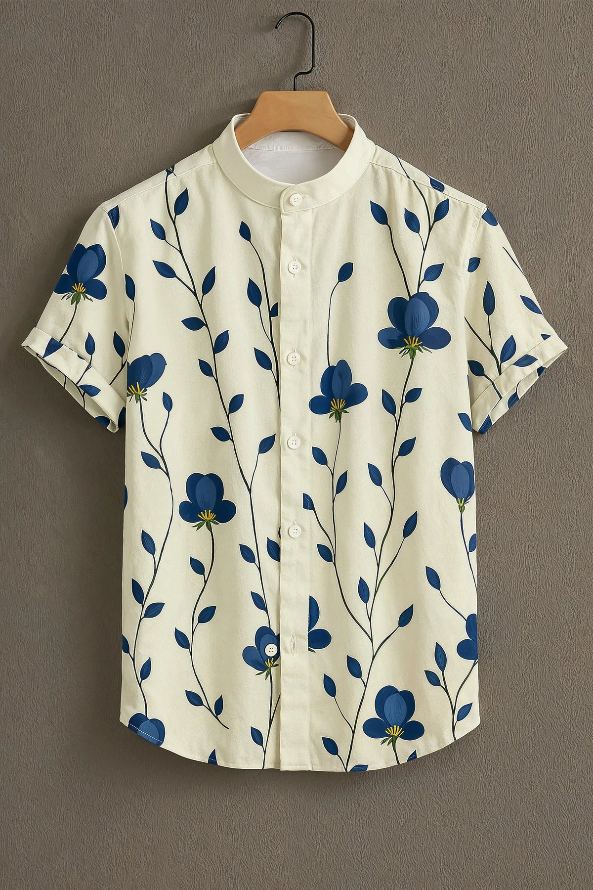 Blue Flower Pattern Casual Mens Half Sleeves Shirt