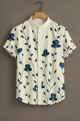 Blue Flower Pattern Casual Mens Half Sleeves Shirt