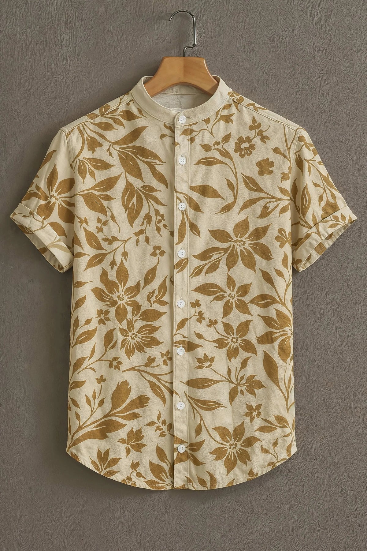 Cream Flower Pattern Casual Mens Half Sleeves Shirt