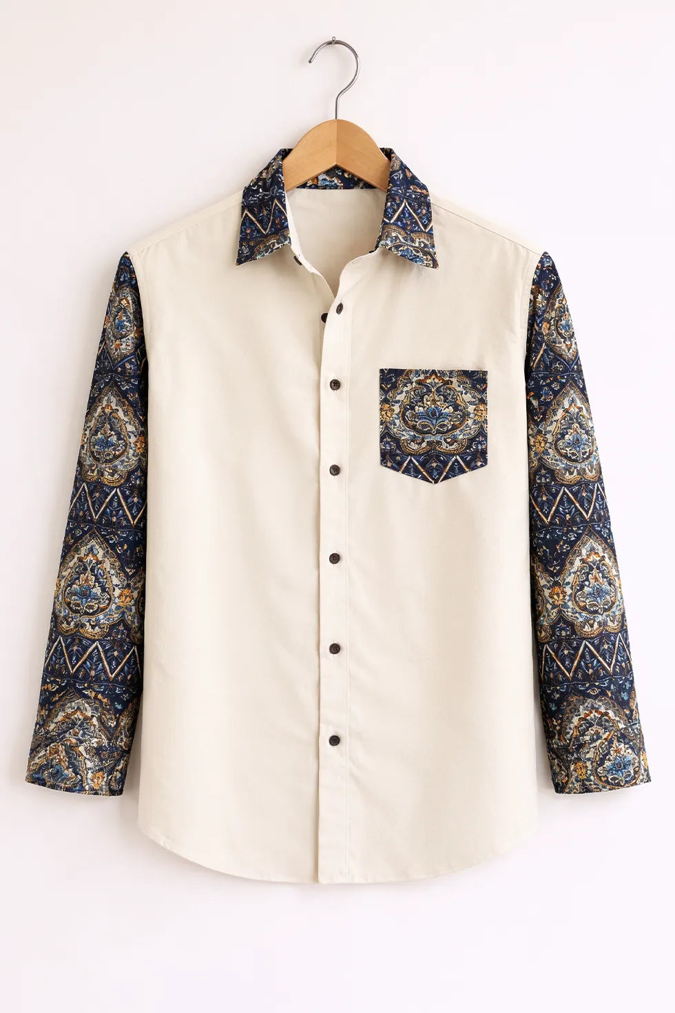 Men’s Off-White Ethnic Print Contrast Full Sleeve Shirt