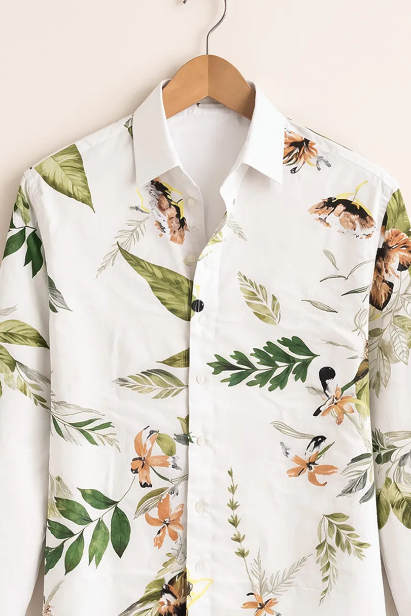 Men’s White Leaf & Floral Print Casual Shirt