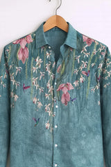 Men’s Teal Nature Inspired Printed Full Sleeve Shirt