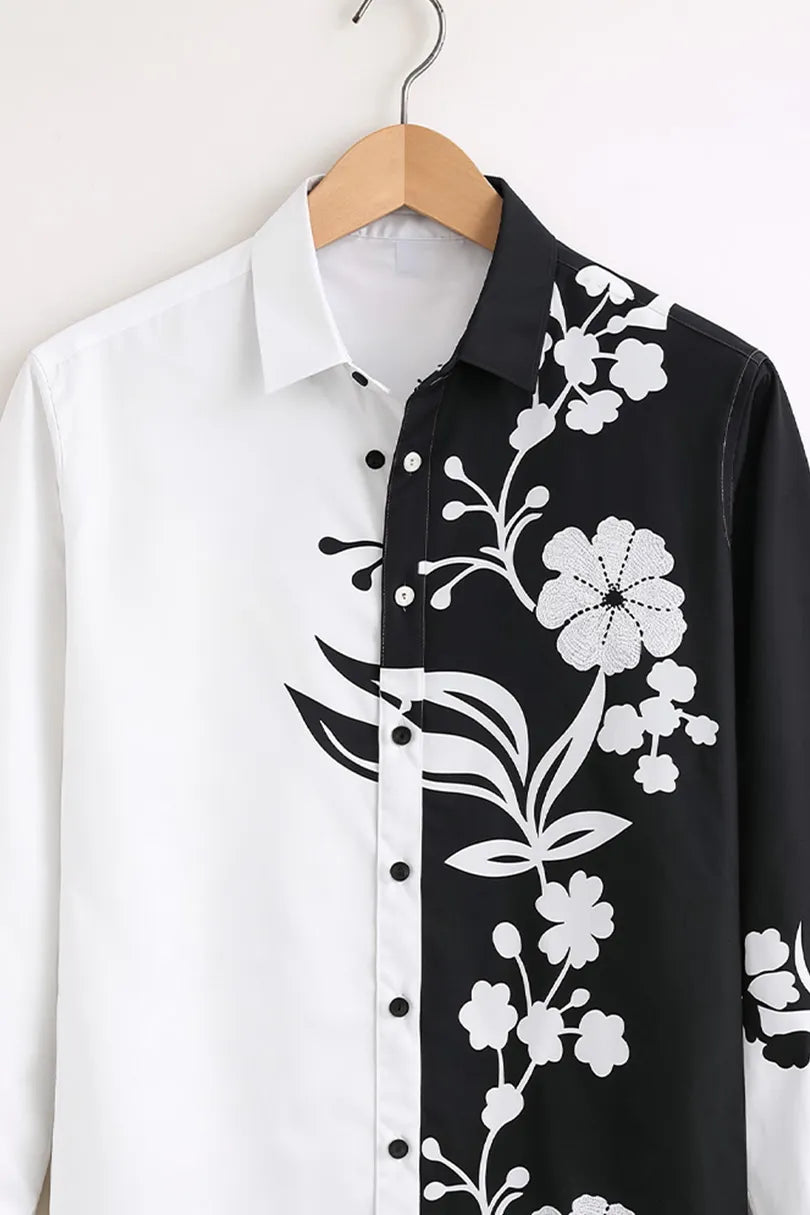 Men’s Black & White Floral Panel Printed Colorblock Casual Shirt
