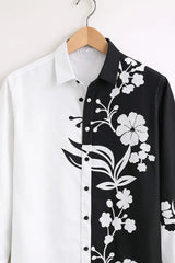 Men’s Black & White Floral Panel Printed Colorblock Casual Shirt