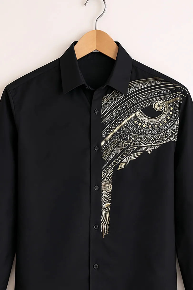 Men’s Black Gold Ornamental Embroidered Party Wear Shirt