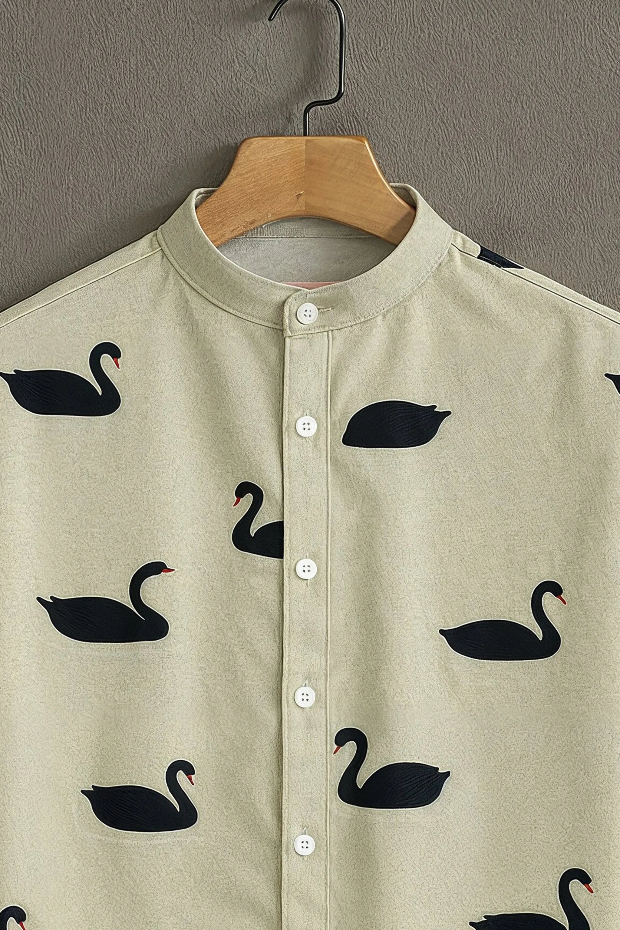 Cream Swan Pattern Casual Mens Half Sleeves Shirt