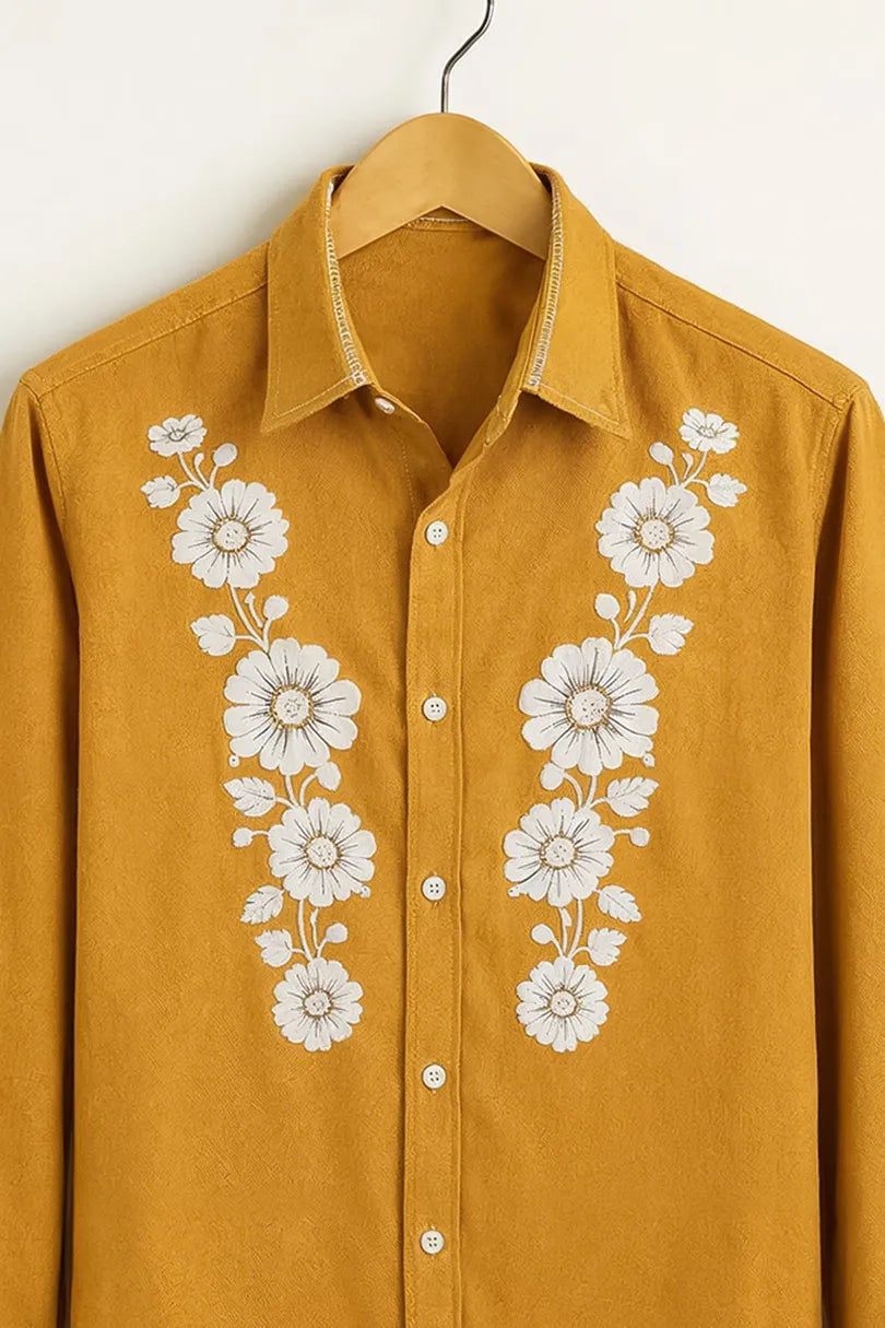 Men’s Mustard Yellow White Floral Panel Printed Shirt
