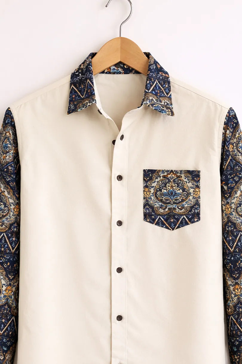 Men’s Off-White Ethnic Print Contrast Full Sleeve Shirt