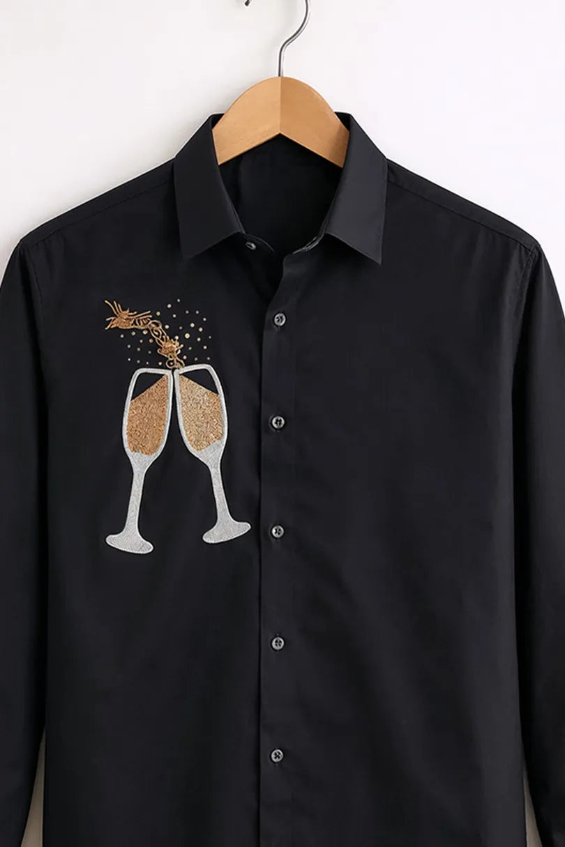 Men’s Black Cocktail Embroidered Party Shirt
