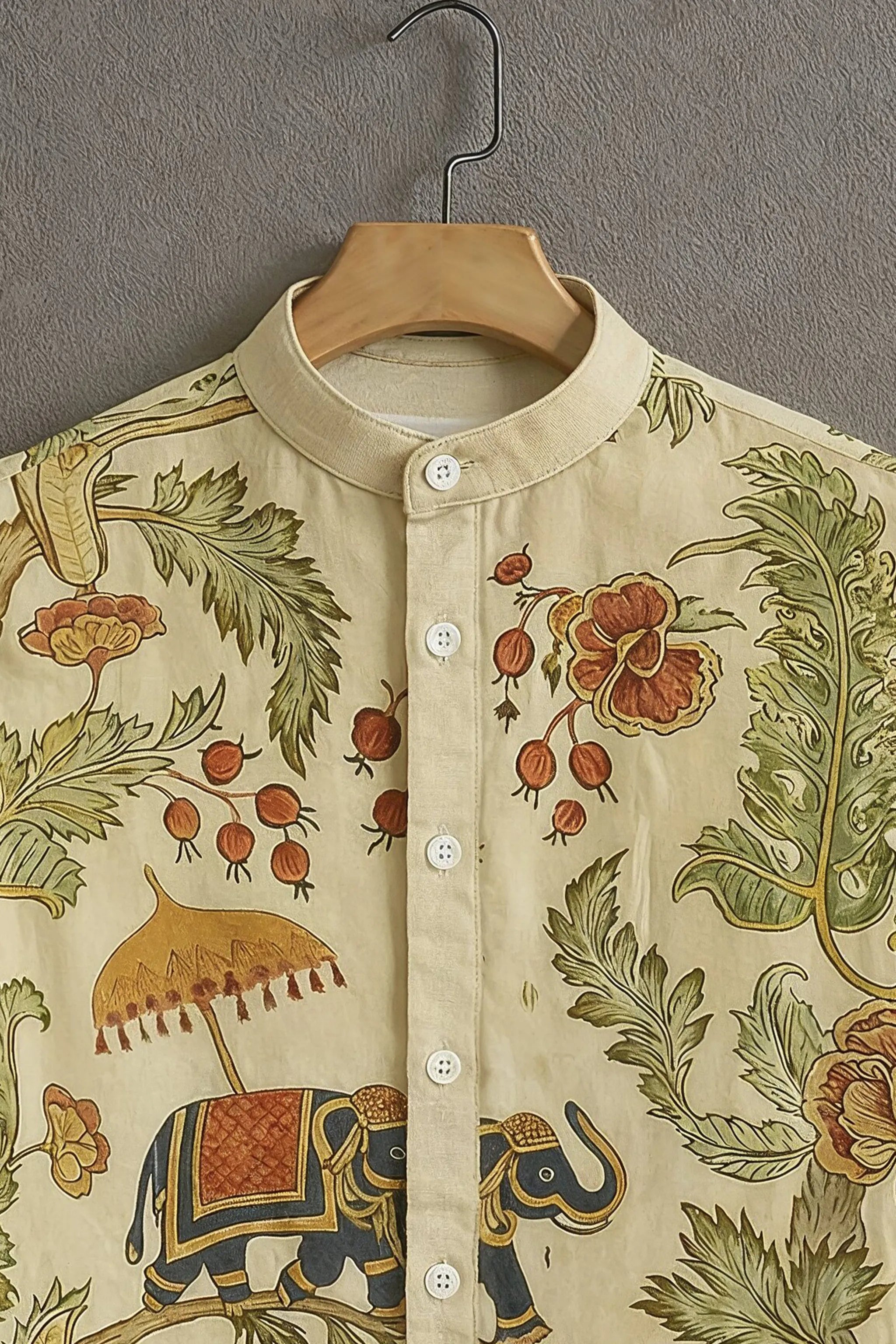 Men's Cream Casual-Festive Half Sleeves Shirt with Royal Elephant Print