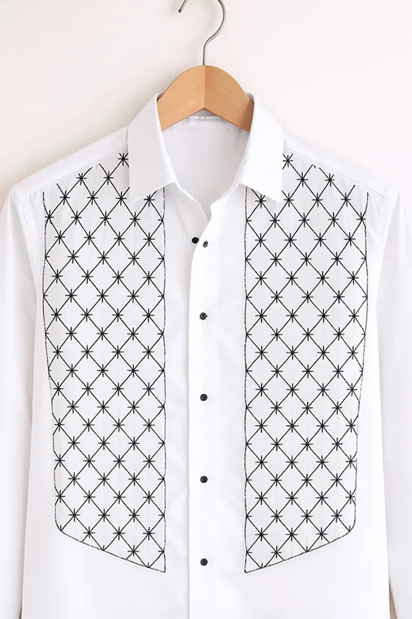 Men’s White Structured Panel Design Full Sleeve Shirt
