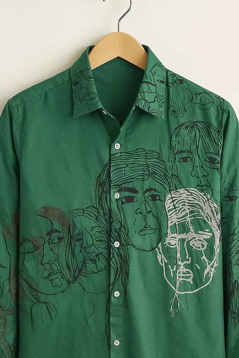 Men’s Green Abstract Face Print Casual Shirt