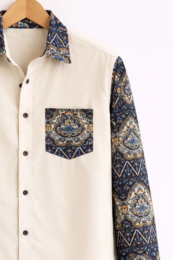 Men’s Off-White Ethnic Print Contrast Full Sleeve Shirt