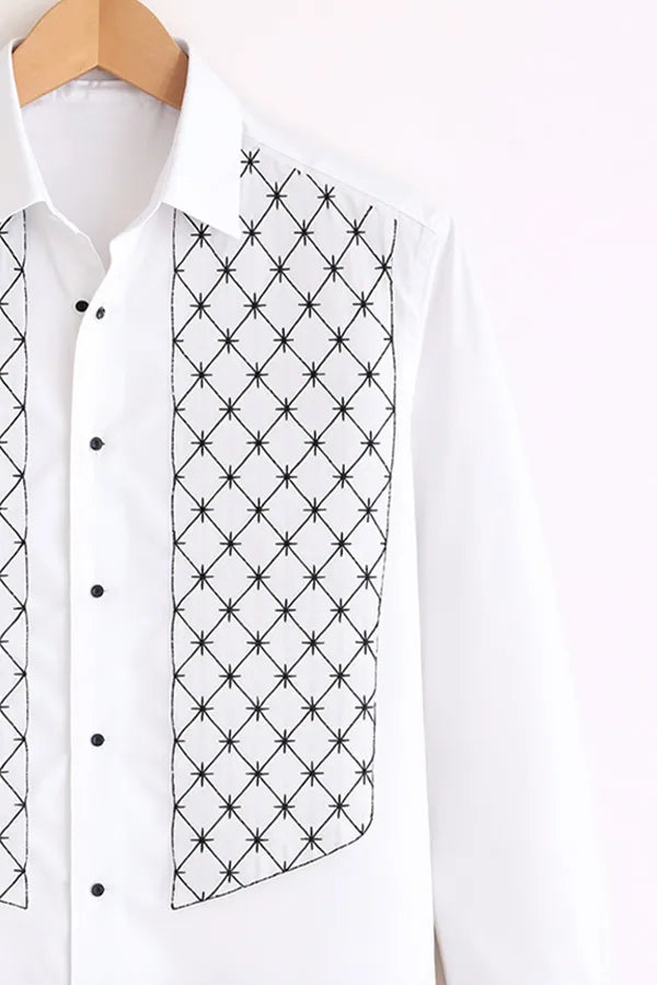 Men’s White Structured Panel Design Full Sleeve Shirt