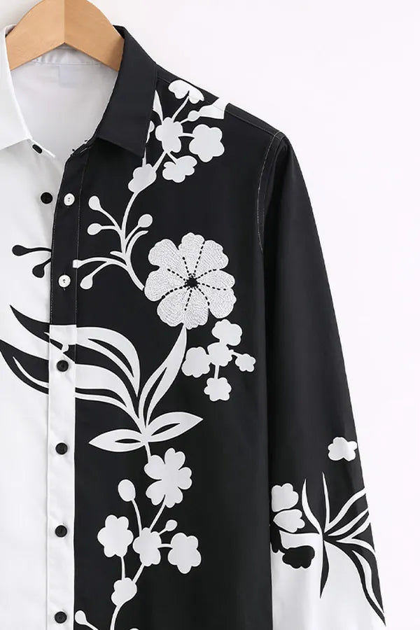 Men’s Black & White Floral Panel Printed Colorblock Casual Shirt