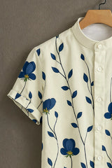 Blue Flower Pattern Casual Mens Half Sleeves Shirt