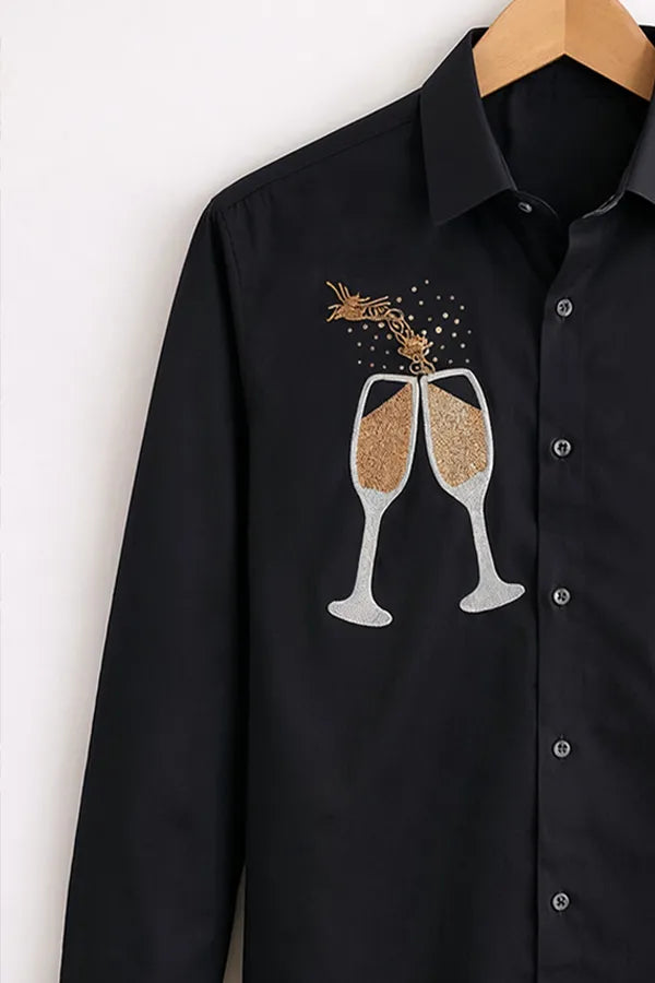 Men’s Black Cocktail Embroidered Party Shirt