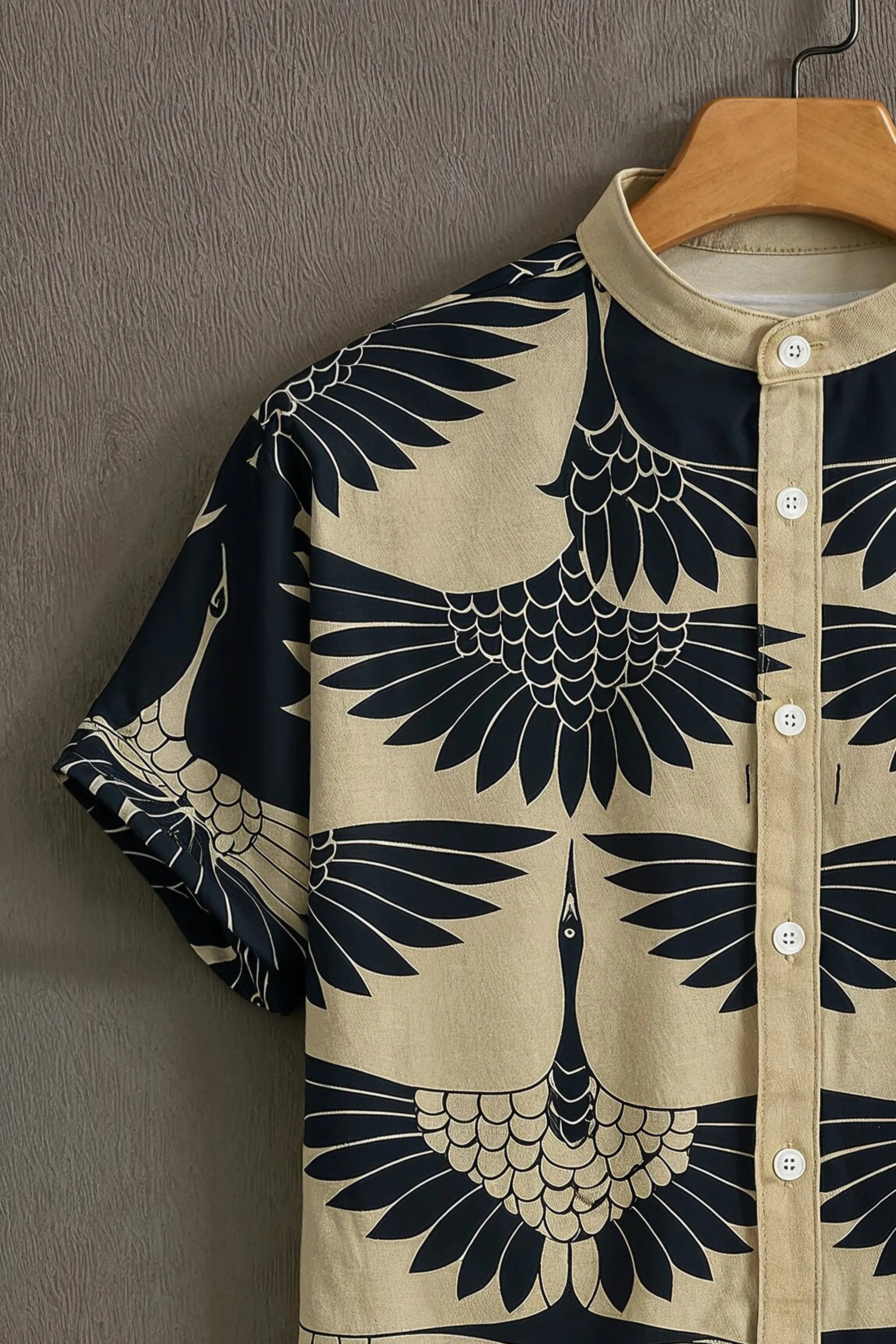 Men’s Navy Blue Casual Shirt with Crane Half Sleeves Print