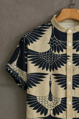 Men’s Navy Blue Casual Shirt with Crane Half Sleeves Print