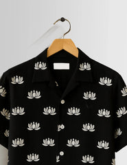 Black Small Lotus Printed Mens Half Sleeves Shirts - XPST
